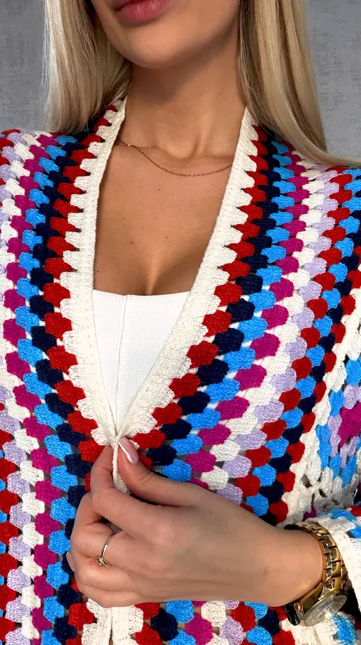 Wiosenna szydełkowa MAXI narzutka czerwono-niebieska ONE SIZE - R646