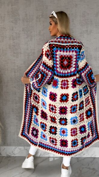 Wiosenna szydełkowa MAXI narzutka czerwono-niebieska ONE SIZE - R646