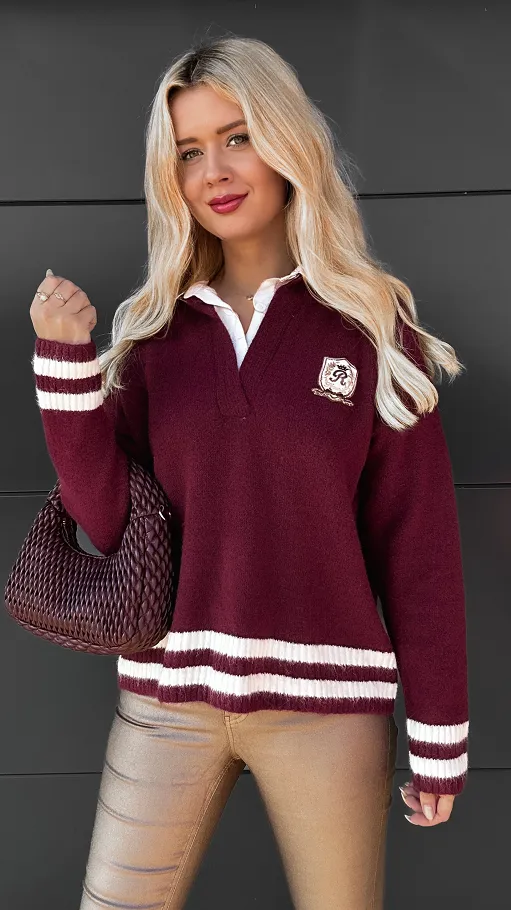 Modny bordowy sweter z koszulową wstawką ONE SIZE - R091