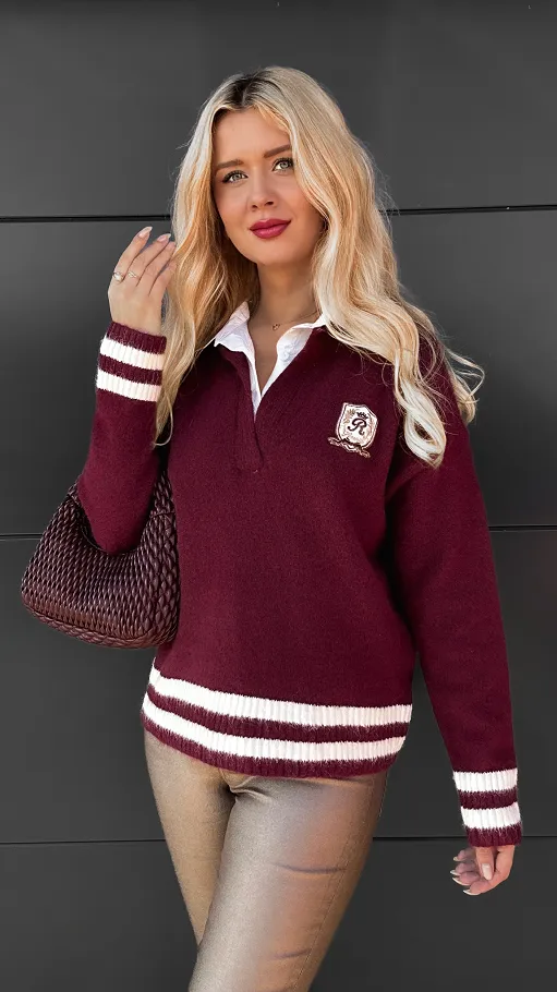 Modny bordowy sweter z koszulową wstawką ONE SIZE - R091