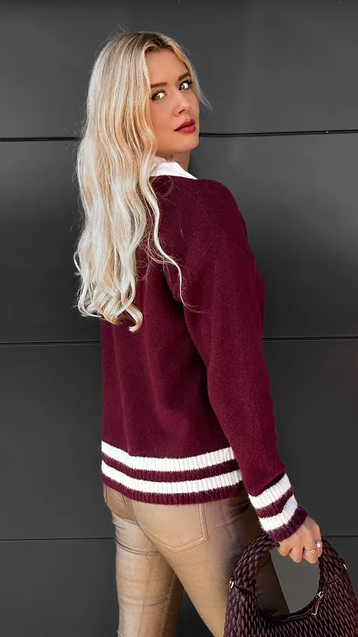 Modny bordowy sweter z koszulową wstawką ONE SIZE - R091