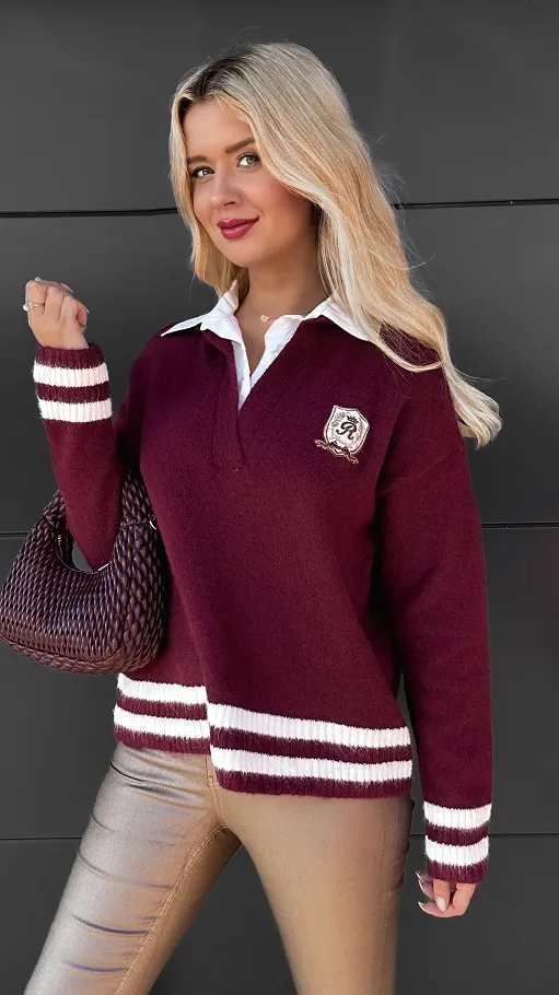 Modny bordowy sweter z koszulową wstawką ONE SIZE - R091