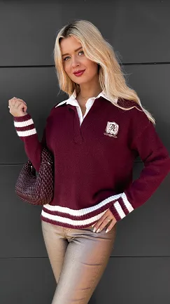 Modny bordowy sweter z koszulową wstawką ONE SIZE - R091
