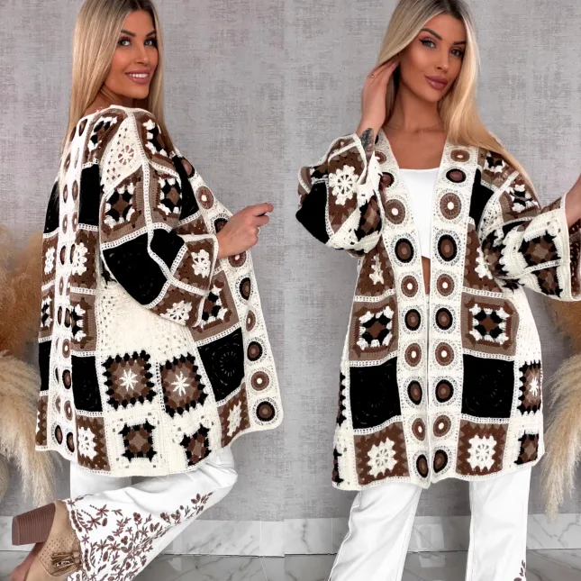 Wiosenna szydełkowa narzutka ONE SIZE brązowa - R645C