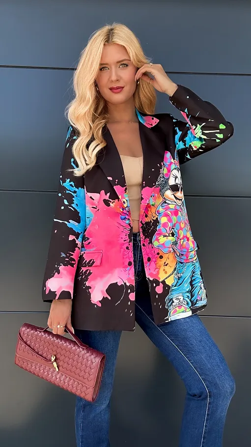 Luźna czarna marynarka OVERSIZE z bajkowym motywem - R019