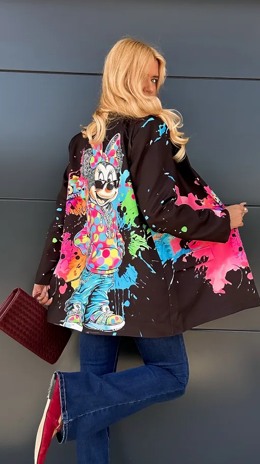Luźna czarna marynarka OVERSIZE z bajkowym motywem - R019
