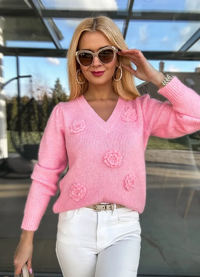 Fantastyczny RÓŻOWY sweter na wiosnę w róże - M755