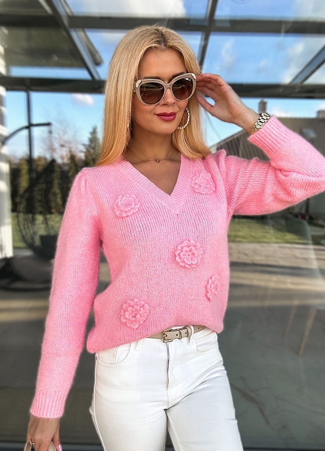 Fantastyczny RÓŻOWY sweter na wiosnę w róże - M755