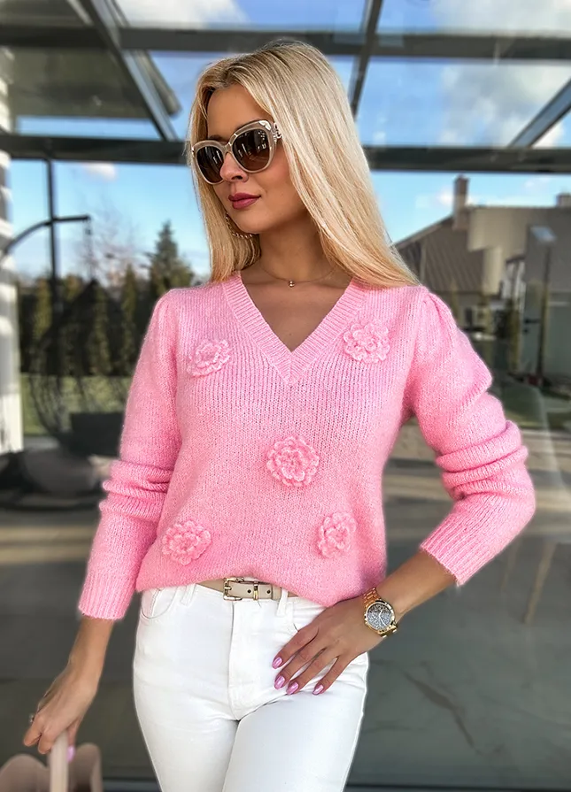 Fantastyczny RÓŻOWY sweter na wiosnę w róże - M755