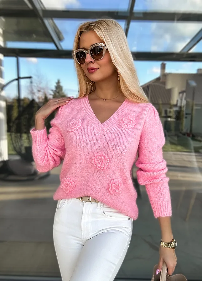 Fantastyczny RÓŻOWY sweter na wiosnę w róże - M755