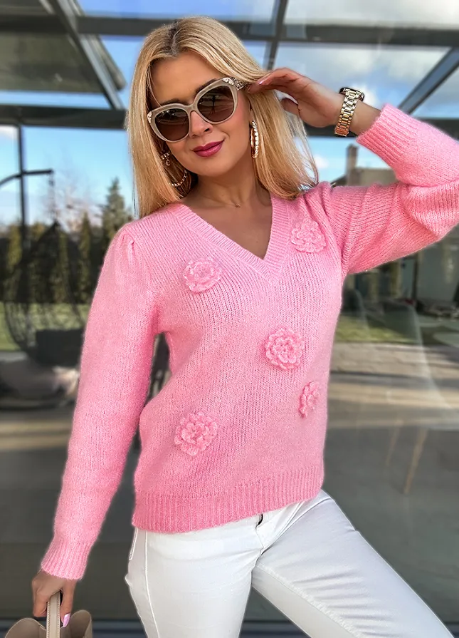 Fantastyczny RÓŻOWY sweter na wiosnę w róże - M755