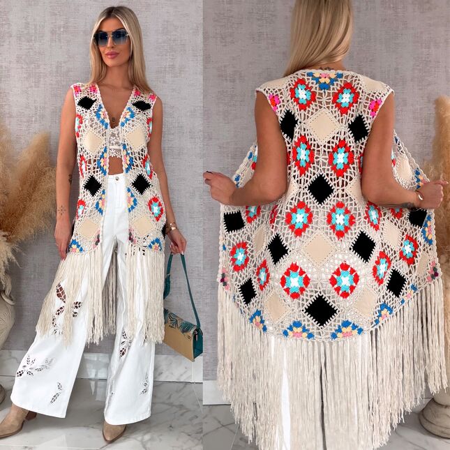 Oryginalna beżowa narzutka BOHO kamizelka z frędzlami ONE SIZE - R701B