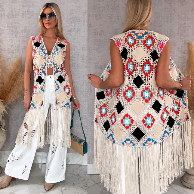 Oryginalna beżowa narzutka BOHO kamizelka z frędzlami ONE SIZE - R701B