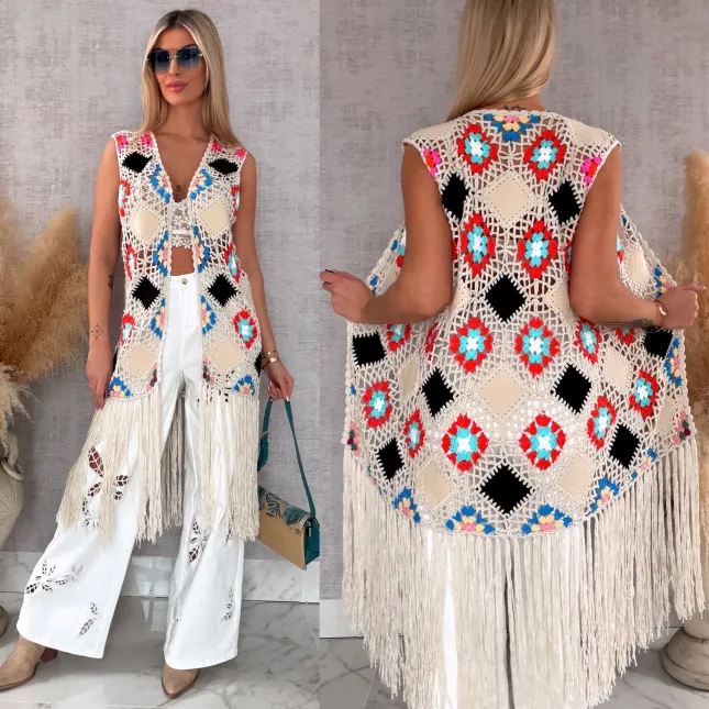 Oryginalna beżowa narzutka BOHO kamizelka z frędzlami ONE SIZE - R701B