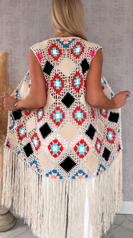 Oryginalna beżowa narzutka BOHO kamizelka z frędzlami ONE SIZE - R701B