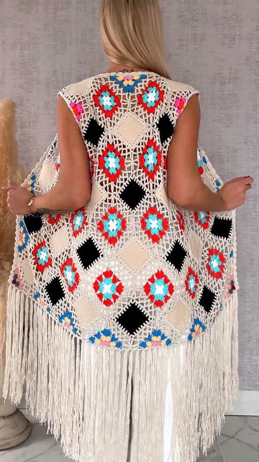 Oryginalna beżowa narzutka BOHO kamizelka z frędzlami ONE SIZE - R701B