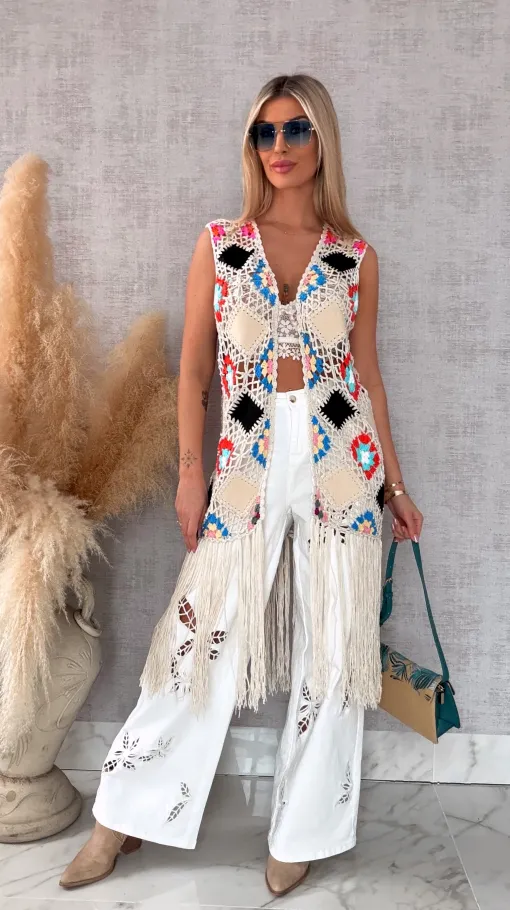 Oryginalna beżowa narzutka BOHO kamizelka z frędzlami ONE SIZE - R701B