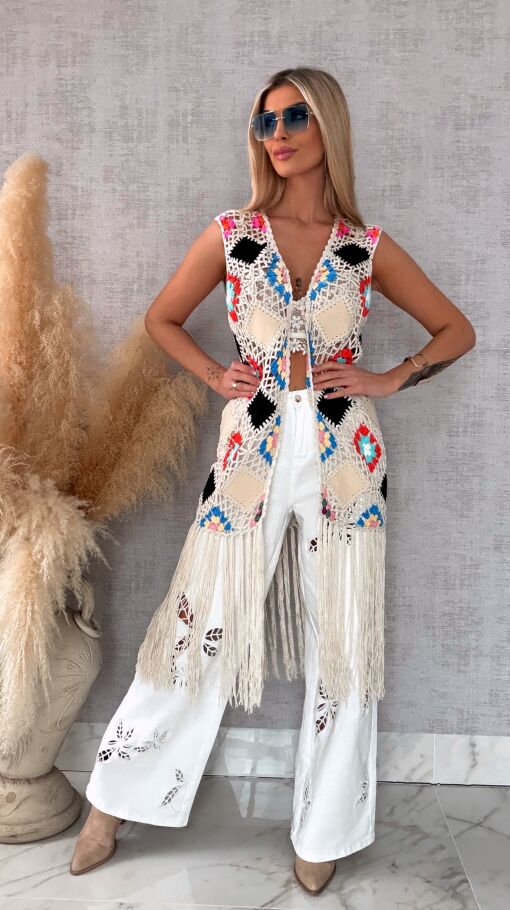 Oryginalna beżowa narzutka BOHO kamizelka z frędzlami ONE SIZE - R701B