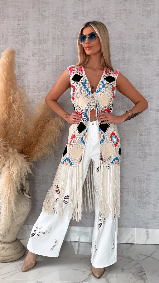 Oryginalna beżowa narzutka BOHO kamizelka z frędzlami ONE SIZE - R701B