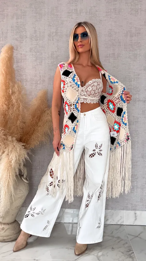 Oryginalna beżowa narzutka BOHO kamizelka z frędzlami ONE SIZE - R701B