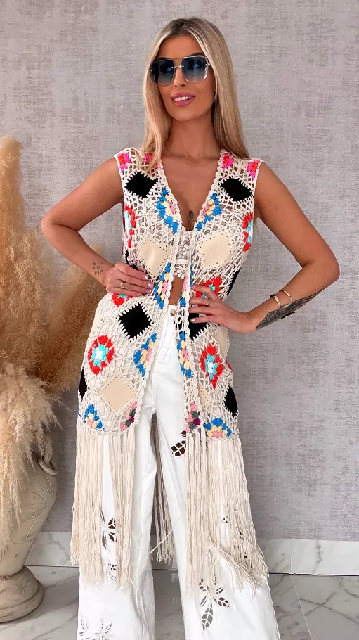 Oryginalna beżowa narzutka BOHO kamizelka z frędzlami ONE SIZE - R701B
