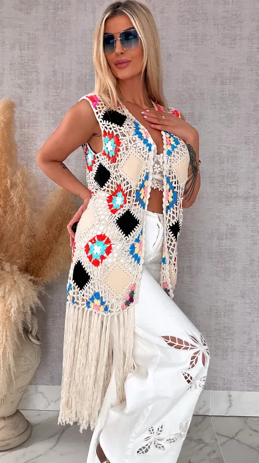 Oryginalna beżowa narzutka BOHO kamizelka z frędzlami ONE SIZE - R701B