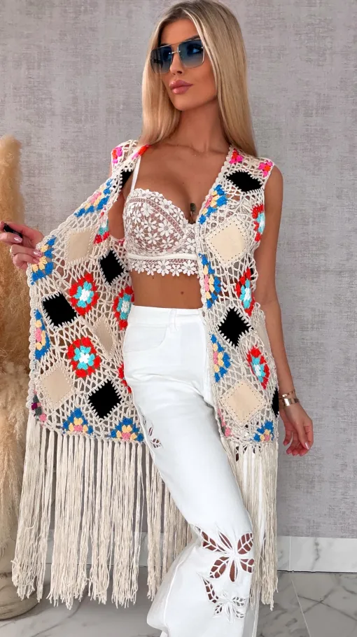 Oryginalna beżowa narzutka BOHO kamizelka z frędzlami ONE SIZE - R701B