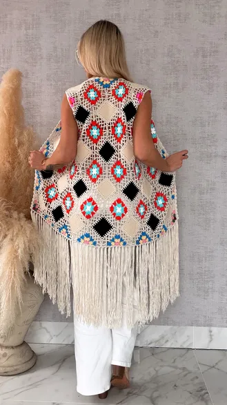 Oryginalna beżowa narzutka BOHO kamizelka z frędzlami ONE SIZE - R701B