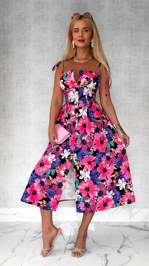 Oryginalna sukienka w kolorowe kwiaty PINK cała zapinana ONE SIZE - P809