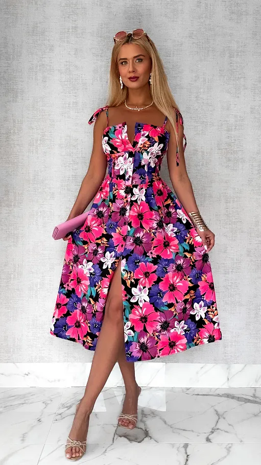 Oryginalna sukienka w kolorowe kwiaty PINK cała zapinana ONE SIZE - P809