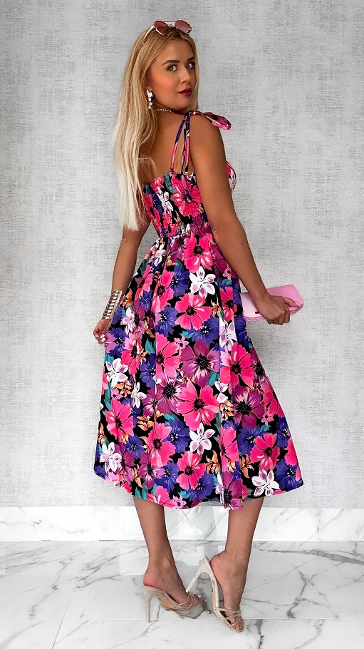 Oryginalna sukienka w kolorowe kwiaty PINK cała zapinana ONE SIZE - P809