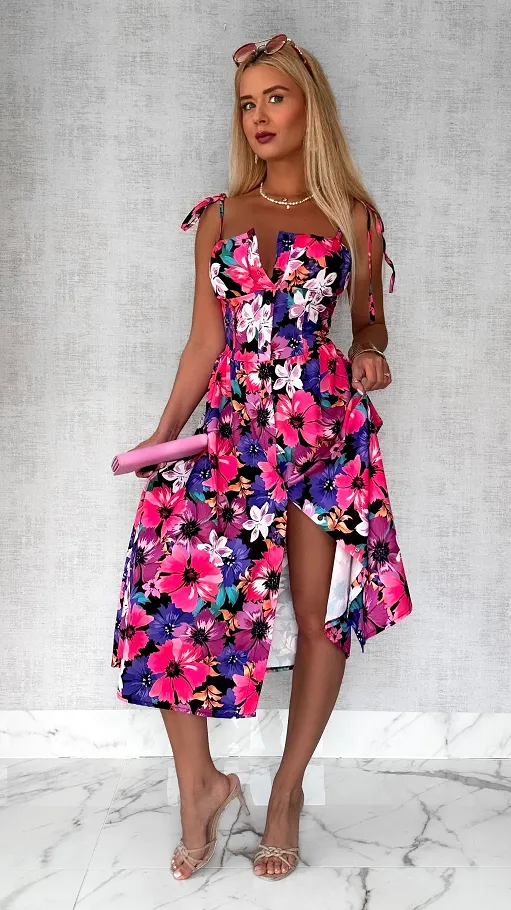 Oryginalna sukienka w kolorowe kwiaty PINK cała zapinana ONE SIZE - P809