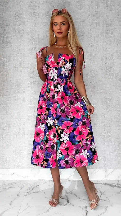 Oryginalna sukienka w kolorowe kwiaty PINK cała zapinana ONE SIZE - P809