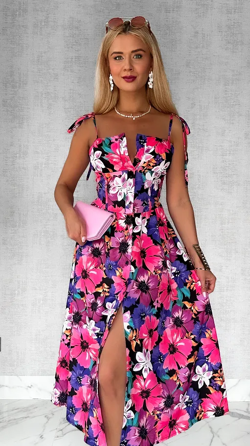 Oryginalna sukienka w kolorowe kwiaty PINK cała zapinana ONE SIZE - P809