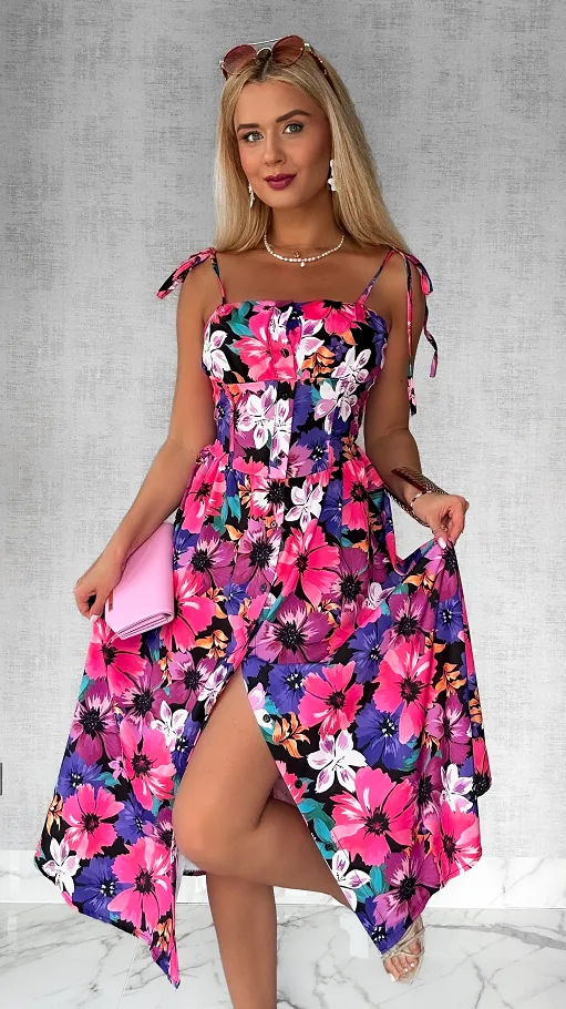 Oryginalna sukienka w kolorowe kwiaty PINK cała zapinana ONE SIZE - P809