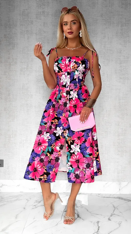 Oryginalna sukienka w kolorowe kwiaty PINK cała zapinana ONE SIZE - P809