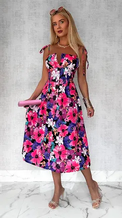 Oryginalna sukienka w kolorowe kwiaty PINK cała zapinana ONE SIZE - P809
