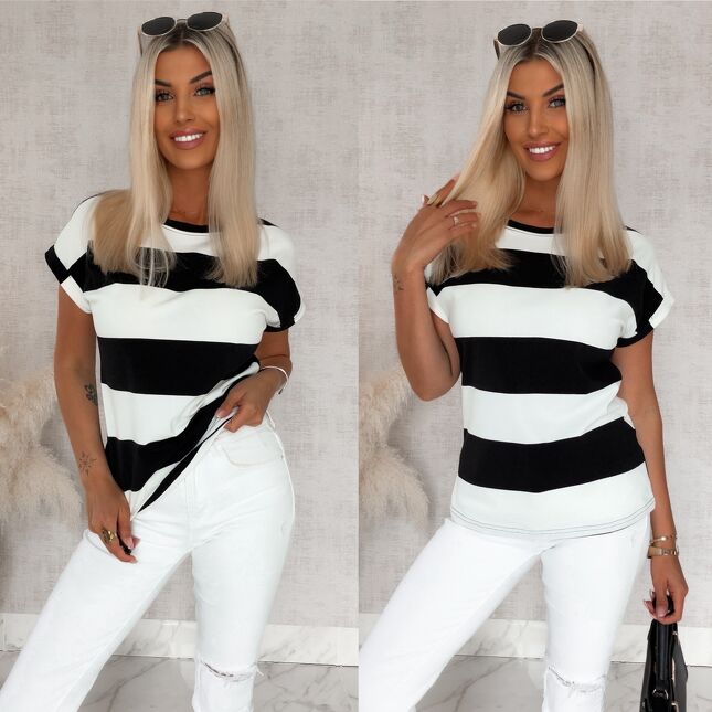 Bawełniana bluzka T-SHIRT w czarne pasy ONE SIZE - S088A