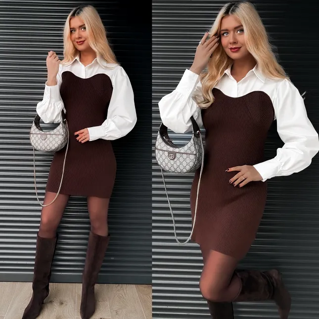 Elegancka czekoladowa sukienka z białą koszulą ONE SIZE - R350