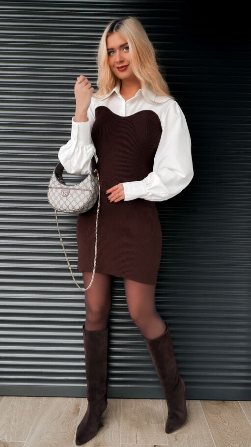 Elegancka czekoladowa sukienka z białą koszulą ONE SIZE - R350