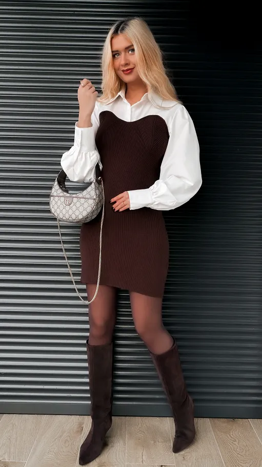 Elegancka czekoladowa sukienka z białą koszulą ONE SIZE - R350