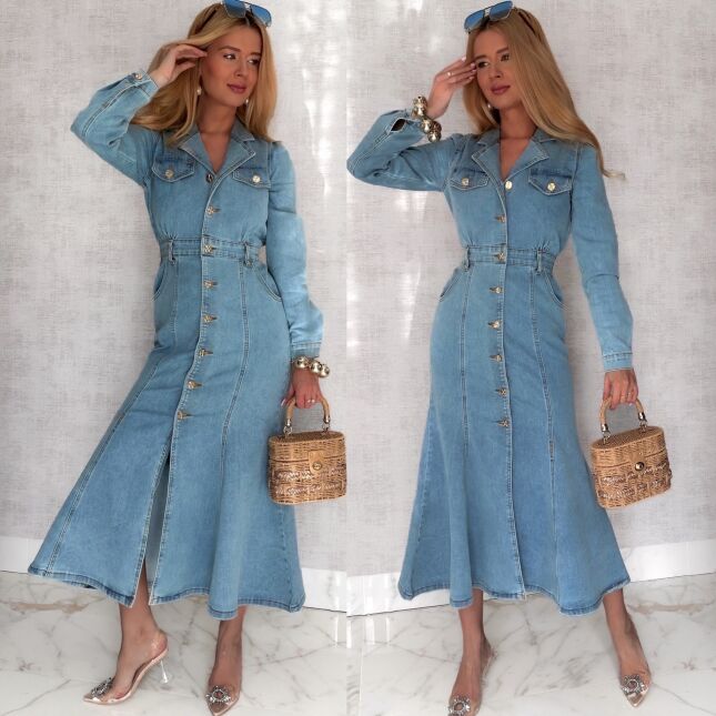 Elastyczna jeansowa MAXI sukienka zapinana na guziki BLUE JEANS - S029