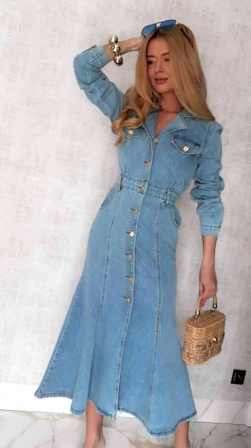 Elastyczna jeansowa MAXI sukienka zapinana na guziki BLUE JEANS - S029