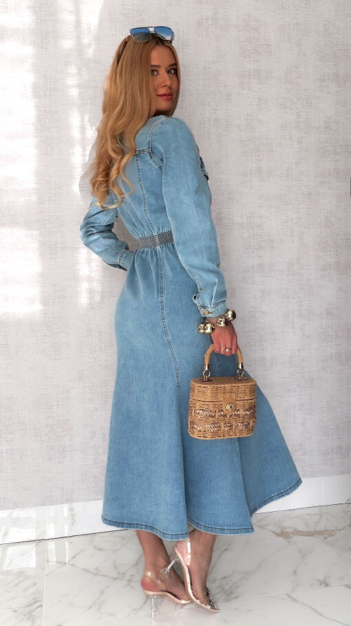 Elastyczna jeansowa MAXI sukienka zapinana na guziki BLUE JEANS - S029