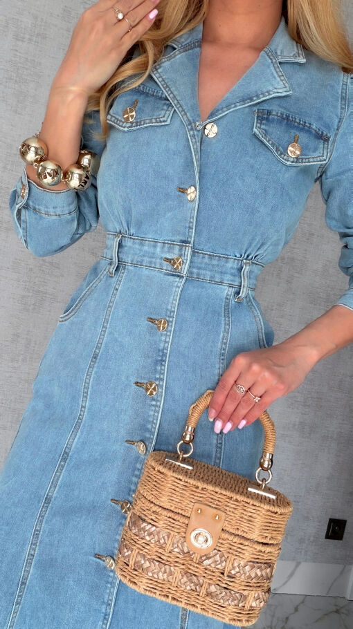 Elastyczna jeansowa MAXI sukienka zapinana na guziki BLUE JEANS - S029