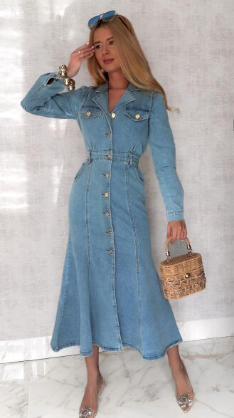Elastyczna jeansowa MAXI sukienka zapinana na guziki BLUE JEANS - S029