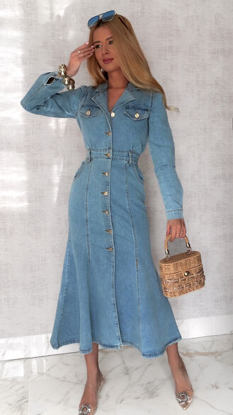 Elastyczna jeansowa MAXI sukienka zapinana na guziki BLUE JEANS - S029