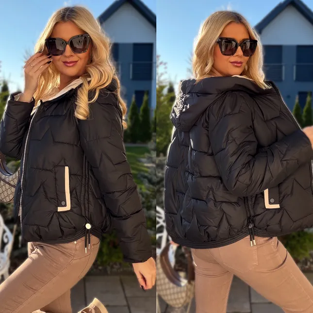 Pikowana kurtka na zimę z kapturem BLACK - R221