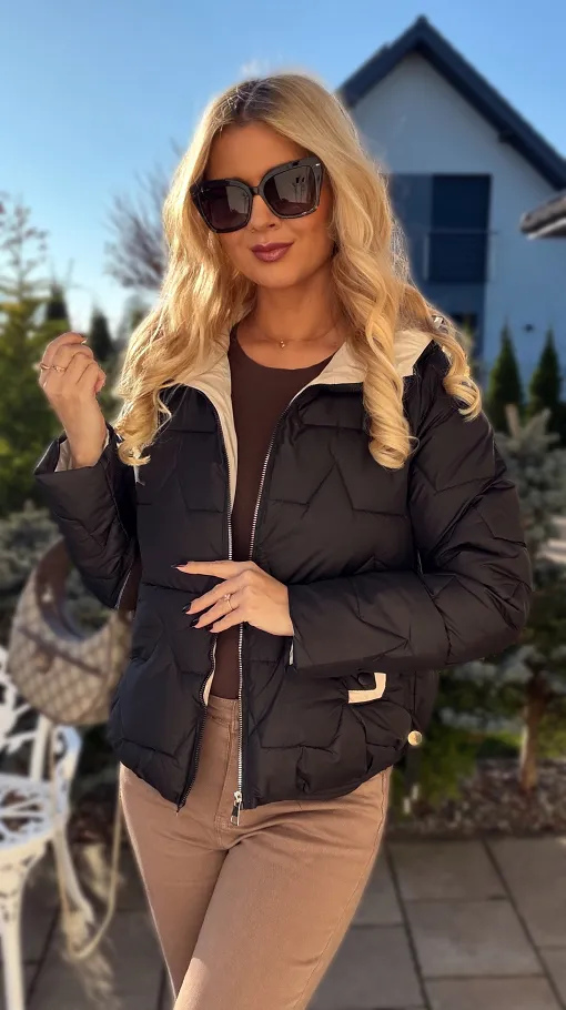 Pikowana kurtka na zimę z kapturem BLACK - R221