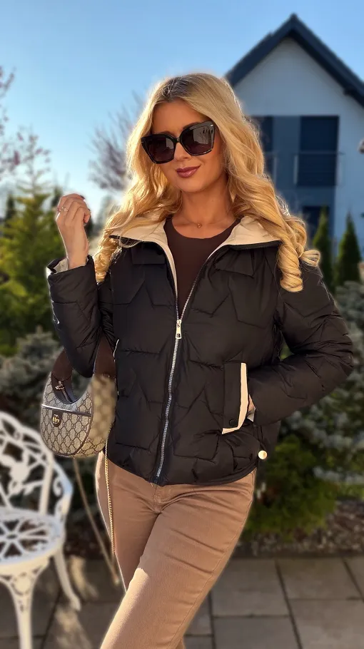 Pikowana kurtka na zimę z kapturem BLACK - R221